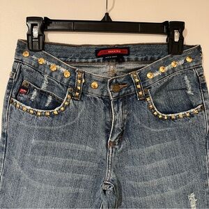 BCBG MaxAzria Distressed Studded Low Rise Flare Jeans Y2K